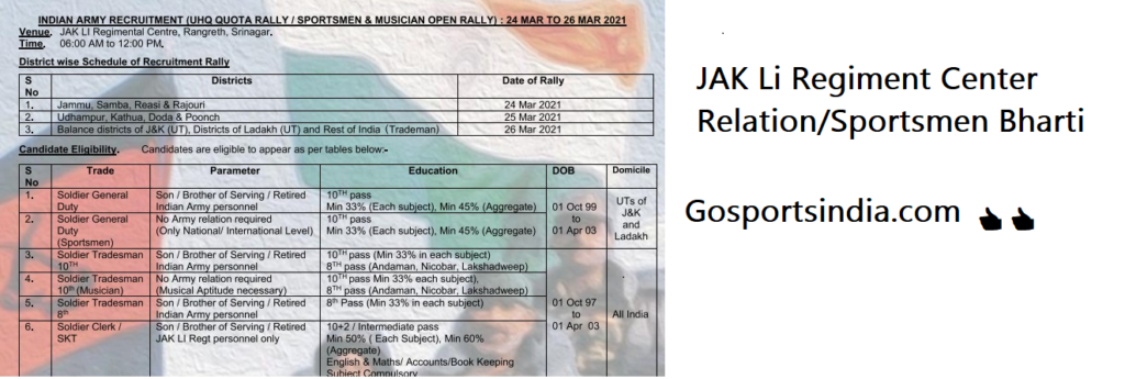 JAK LI Regiment Center (Srinagar) Relation/Sportsmen Bharti 2021