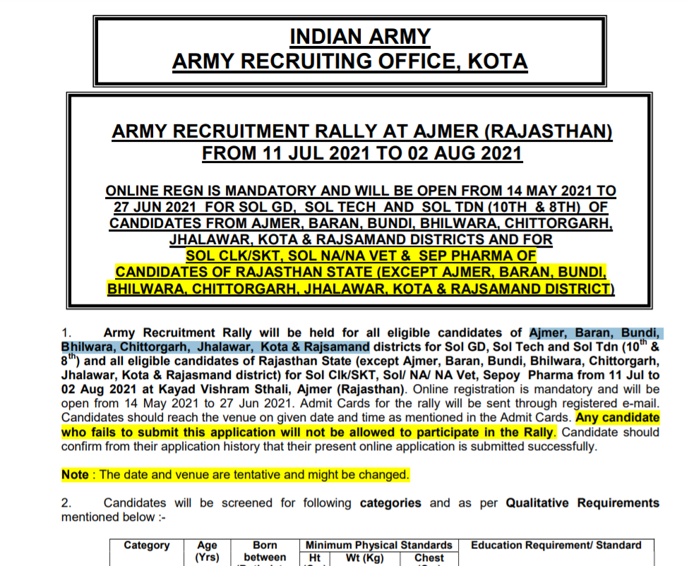 Army Rally Bharti Kota Rajasthan 2021 Apply Online