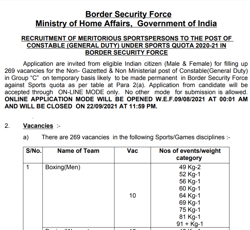 BSF Sports Quota Recruitment